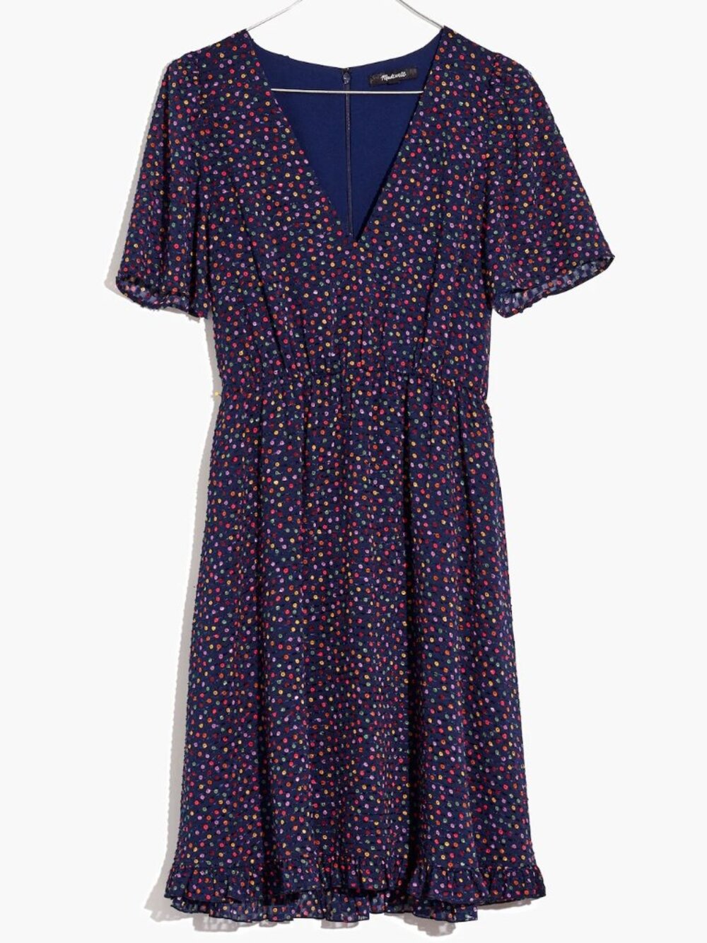 Madewell Ruffle Hem Mini Dress Flutter Sleeve in Sugar Polka Dot Size 6 Lined